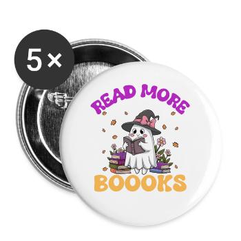 Cute Ghost Read More Books, Halloween Sticker - Buttons large 2.2''/56 mm (5-pack) - white - Front