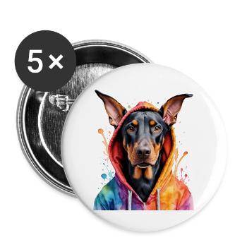 Dobermann Hoodie Hund Bunt Lustig Tier Print - Buttons groß 56 mm (5er Pack) - Weiß - Vorne