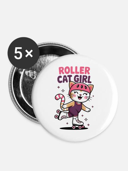 Roller Cat Girl Skaten Mädchen Rollschuhe Geschenk - Buttons groß 56 mm (5er Pack) - Weiß