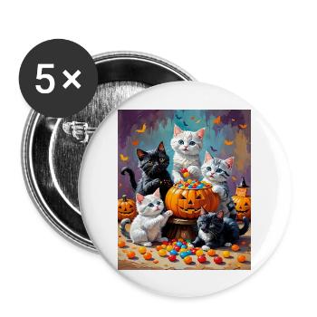 Bol de bonbons pour chaton et citrouille d’Halloween - Lot de 5 grands badges (56 mm) - blanc - Devant