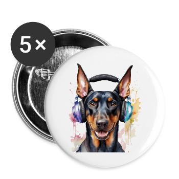 Dobermann Kopfhörer Hund Lustig Tier Design Print - Buttons groß 56 mm (5er Pack) - Weiß - Vorne