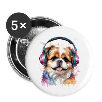 Shih Tzu Kopfhörer Hund Lustig Tier Design Print - Buttons groß 56 mm (5er Pack) - Weiß - Vorne