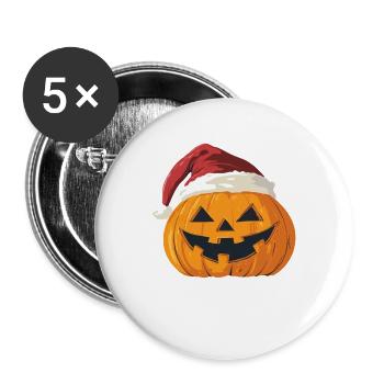 Halloween Geschenk Kürbis mit Weihnachtsmütze Deko - Buttons groß 56 mm (5er Pack) - Weiß - Vorne