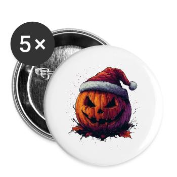 Halloween Geschenk Kürbis mit Weihnachtsmütze Deko - Buttons groß 56 mm (5er Pack) - Weiß - Vorne