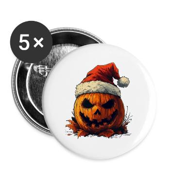 Halloween Geschenk Kürbis mit Weihnachtsmütze Deko - Buttons groß 56 mm (5er Pack) - Weiß - Vorne