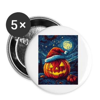 Halloween Geschenk Kürbis mit Weihnachtsmütze Deko - Buttons groß 56 mm (5er Pack) - Weiß - Vorne