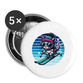 Wintersport Skifahren Katze Schnee Winter Kinder - Buttons groß 56 mm (5er Pack) - Weiß - Vorne
