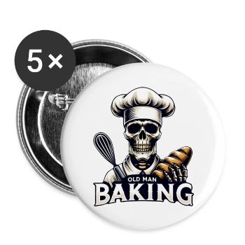 Old Man Baking Skull mit Bäckermütze backt Brot - Buttons groß 56 mm (5er Pack) - Weiß - Vorne