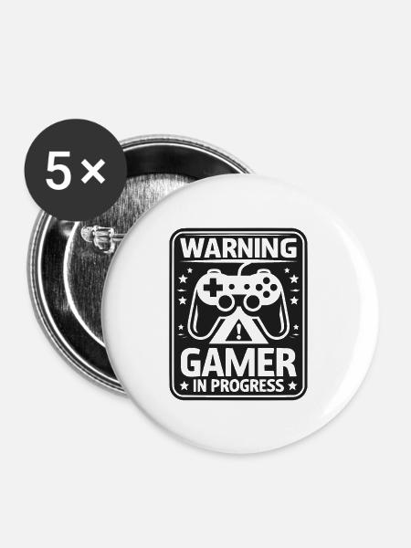Warnung Gamer in Arbeit - Buttons groß 56 mm (5er Pack) - Weiß