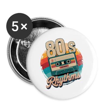 80er Jahre Rhythmus Kassette - Buttons groß 56 mm (5er Pack) - Weiß - Vorne