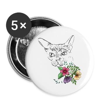 Katze mit Blumen - Buttons groß 56 mm (5er Pack) - Weiß - Vorne