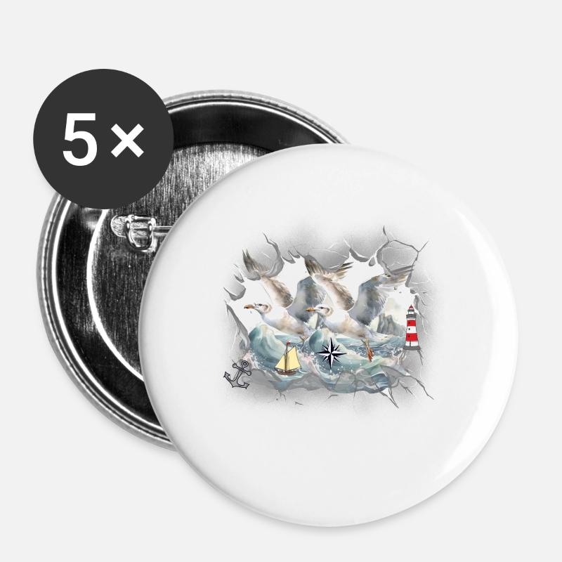 maritime, seafaring, seagulls, seagulls, lighthouses, sailing ships - Buttons large 2.2''/56 mm (5-pack) - white