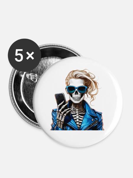 SKELETT FRAU SMARTPHONE - Buttons groß 56 mm (5er Pack) - Weiß