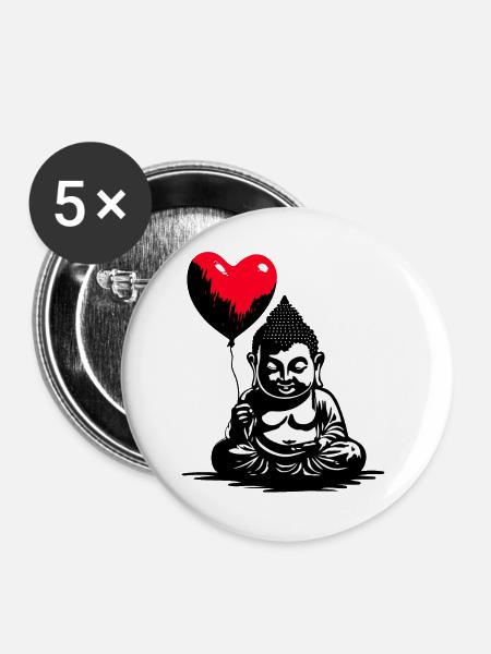 Buddha mit Herz Luftballon - Heartful Creatures - Buttons groß 56 mm (5er Pack) - Weiß