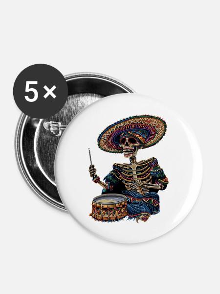 Mexikanisches Skelett Trommeln - Buttons groß 56 mm (5er Pack) - Weiß