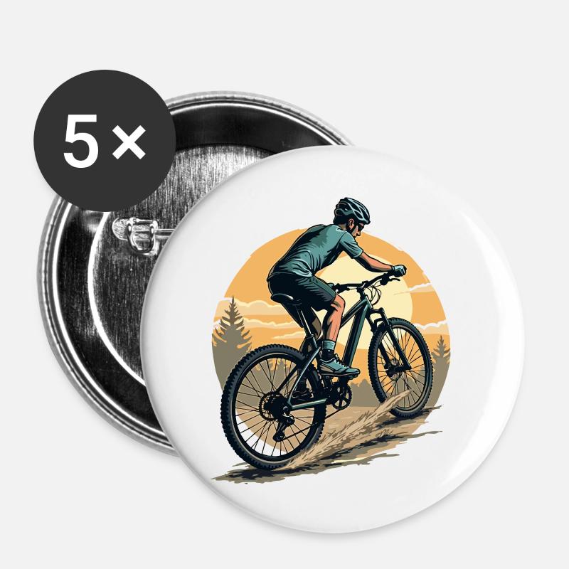 Mountain biker rides towards the sun and forest - Buttons large 2.2''/56 mm (5-pack) - white