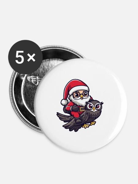 Eule Weihnachtsmann Cartoon - Buttons groß 56 mm (5er Pack) - Weiß