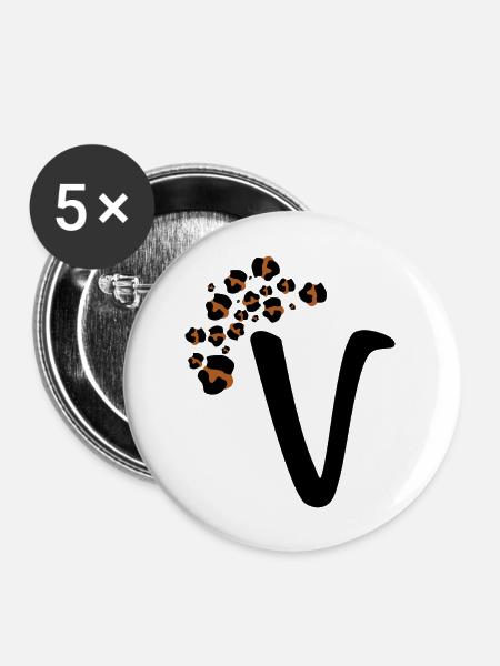Buchstaben v Leopardenmuster - Buttons groß 56 mm (5er Pack) - Weiß