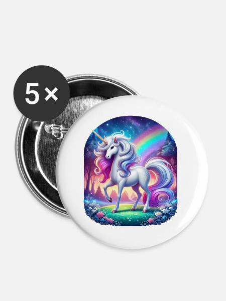 Regenbogen-Einhorn im Waldtraum - Buttons groß 56 mm (5er Pack) - Weiß