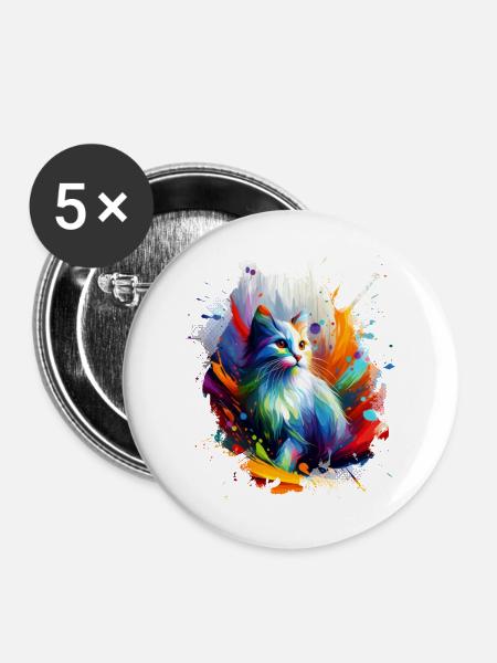 Buntes Katzen Kunstwerk - Buttons groß 56 mm (5er Pack) - Weiß