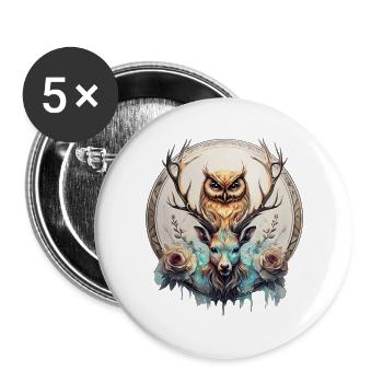 Hibou et cerf, une alliance mystique. - Lot de 5 grands badges (56 mm) - blanc - Devant