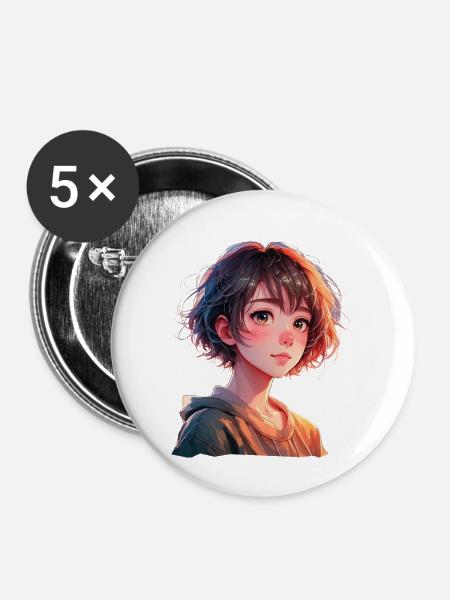 Anime Manga Mädchen - Buttons groß 56 mm (5er Pack) - Weiß