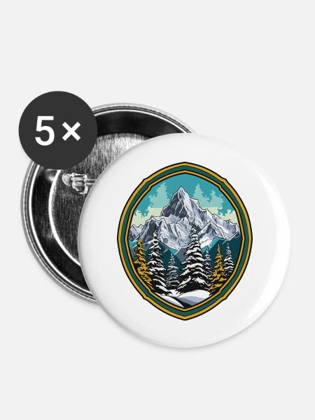 Berge Wald Gipfel Ski - Buttons groß 56 mm (5er Pack) - Weiß