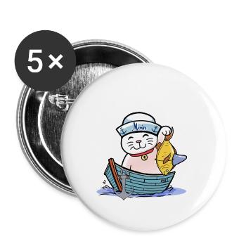maritim Katze witzig Fischer Fisch Kinder Seemann - Buttons groß 56 mm (5er Pack) - Weiß - Vorne