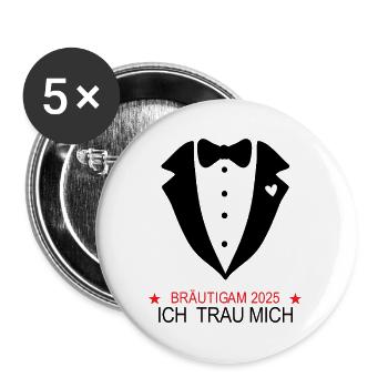 Bräutigam 2025 ICH TRAU MICH Hochzeit Heirat Ehe - Buttons groß 56 mm (5er Pack) - Weiß - Vorne