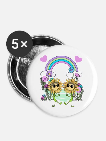 Regenbogen Hippie Sonnenblumen Kinder - Buttons groß 56 mm (5er Pack) - Weiß