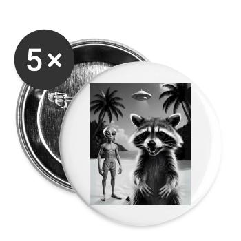 Waschbär macht ein Selfie am Strand mit Alien - Buttons groß 56 mm (5er Pack) - Weiß - Vorne