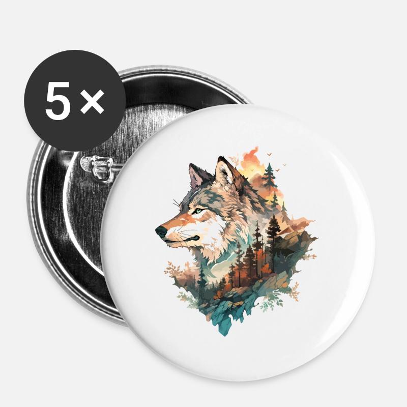 Wolf Wolf's Head Forest Nature Mountains Wilderness Sun - Buttons large 2.2''/56 mm (5-pack) - white