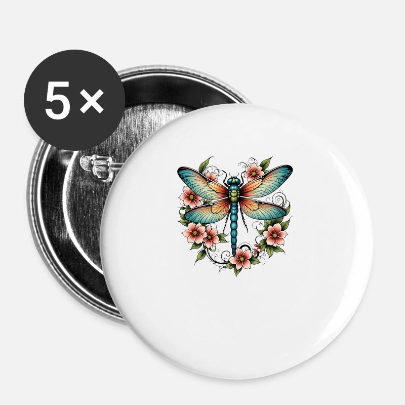 Libelle Blumenkranz - Buttons groß 56 mm (5er Pack) - Weiß