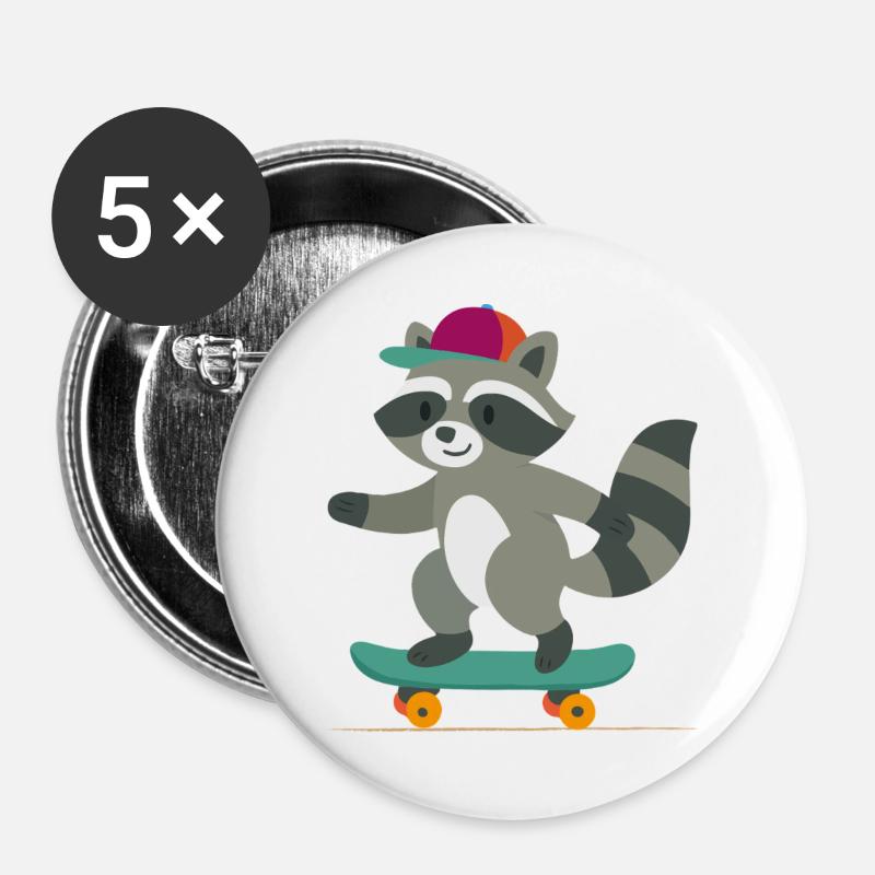 Skateboard raccoon with baseball cap - Buttons large 2.2''/56 mm (5-pack) - white