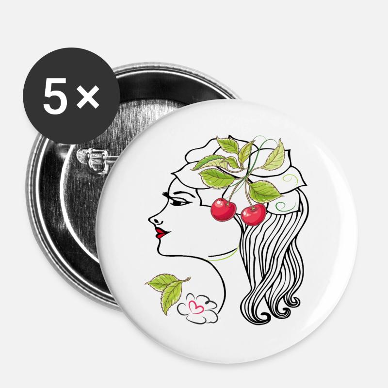 Frauenkopf mit Kirschen - Buttons groß 56 mm (5er Pack) - Weiß