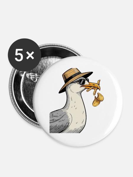 Karikaturer Seemöwe mit Sommerhut - Buttons groß 56 mm (5er Pack) - Weiß
