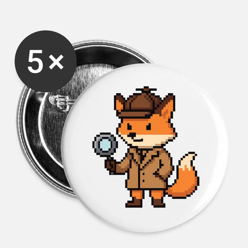 Pixel Detective Fuchs Design - Buttons groß 56 mm (5er Pack) - Weiß