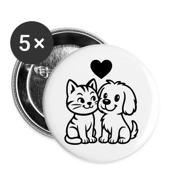 Niedlicher Hund und süße Katze mit Herz  - Buttons groß 56 mm (5er Pack) - Weiß - Vorne