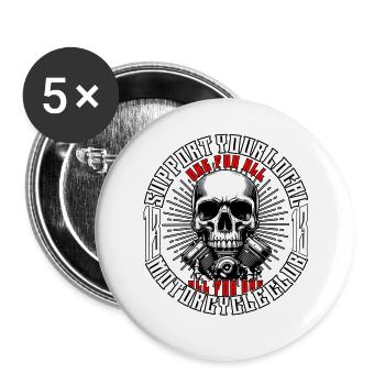 Biker Chopper Motorradfahrer Skull mit Motor - Buttons groß 56 mm (5er Pack) - Weiß - Vorne