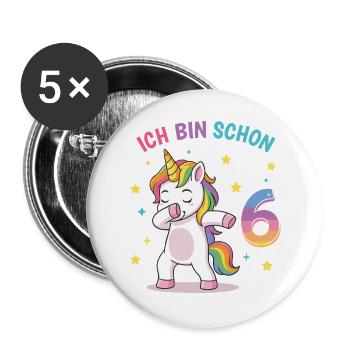 Kindergeburtstag 6, Tanzendes Lustiges Einhorn - Buttons groß 56 mm (5er Pack) - Weiß - Vorne