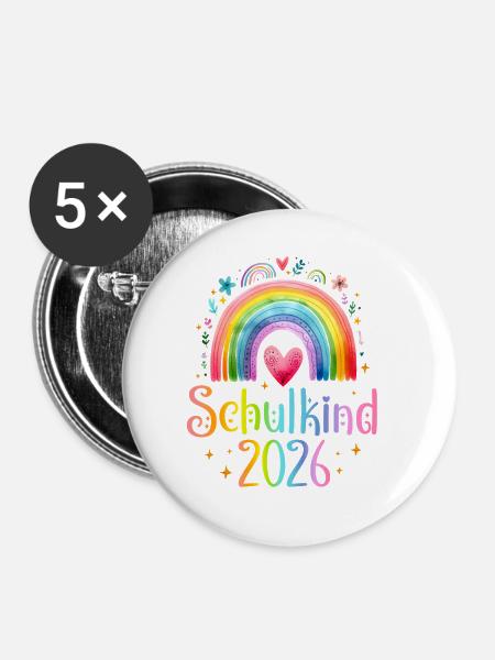 Schulkind 2026 Regenbogen Herz - Buttons groß 56 mm (5er Pack) - Weiß