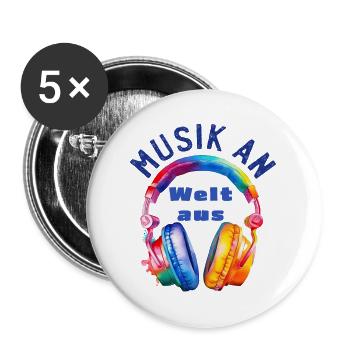 Musik an - Welt aus - Kopfhörer - Musiker Geschenk - Buttons groß 56 mm (5er Pack) - Weiß - Vorne