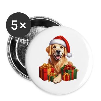 Weihnachtshund mit Geschenken - Buttons groß 56 mm (5er Pack) - Weiß - Vorne