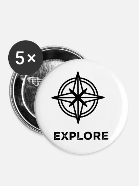 Kompassstern mit „Explore“ Schriftzug - Buttons groß 56 mm (5er Pack) - Weiß