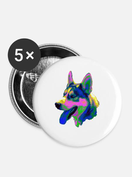 Psychedelischer Husky Kopf Neonfarben - Buttons groß 56 mm (5er Pack) - Weiß