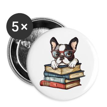 Cute Boston Terrier Dog Reading Book with Glasses - Buttons large 2.2''/56 mm (5-pack) - white - Front
