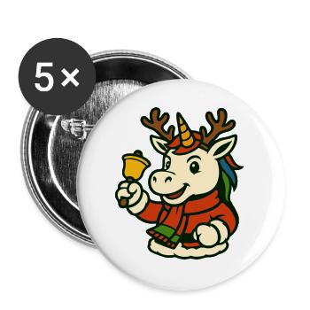 Weihnachtseinhorn mit Glocken-Maskottchen-Kunst - Buttons groß 56 mm (5er Pack) - Weiß - Vorne