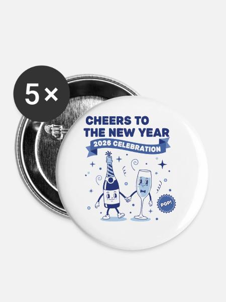 Prost auf die Neujahrsfeier 2026 - Buttons groß 56 mm (5er Pack) - Weiß