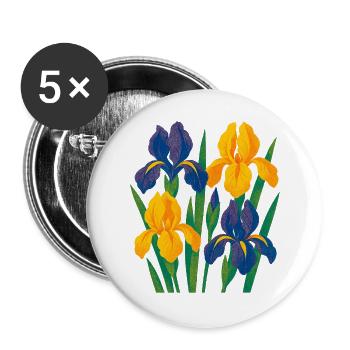 Harmonie d’iris : Fleurs dorées et indigo - Lot de 5 grands badges (56 mm) - blanc - Devant