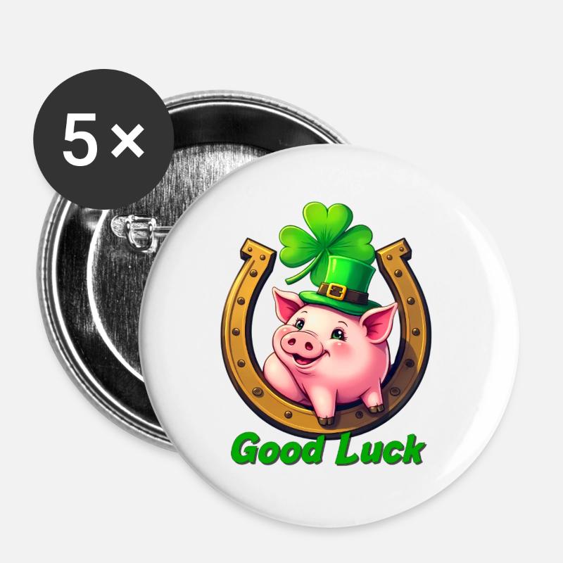 Lucky Pig with Shamrock - Buttons large 2.2''/56 mm (5-pack) - white